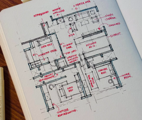 Hand-drawn schematic floor plan sketch with red annotations in a notebook